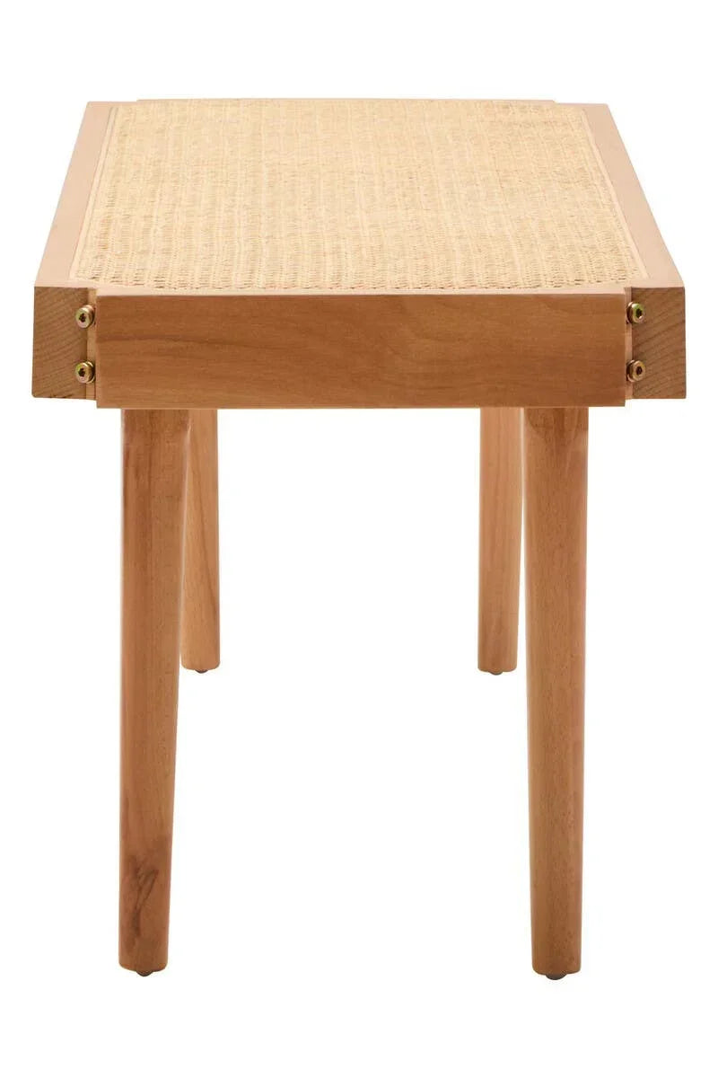 Rectangular wooden side table with natural woven rattan top, front view