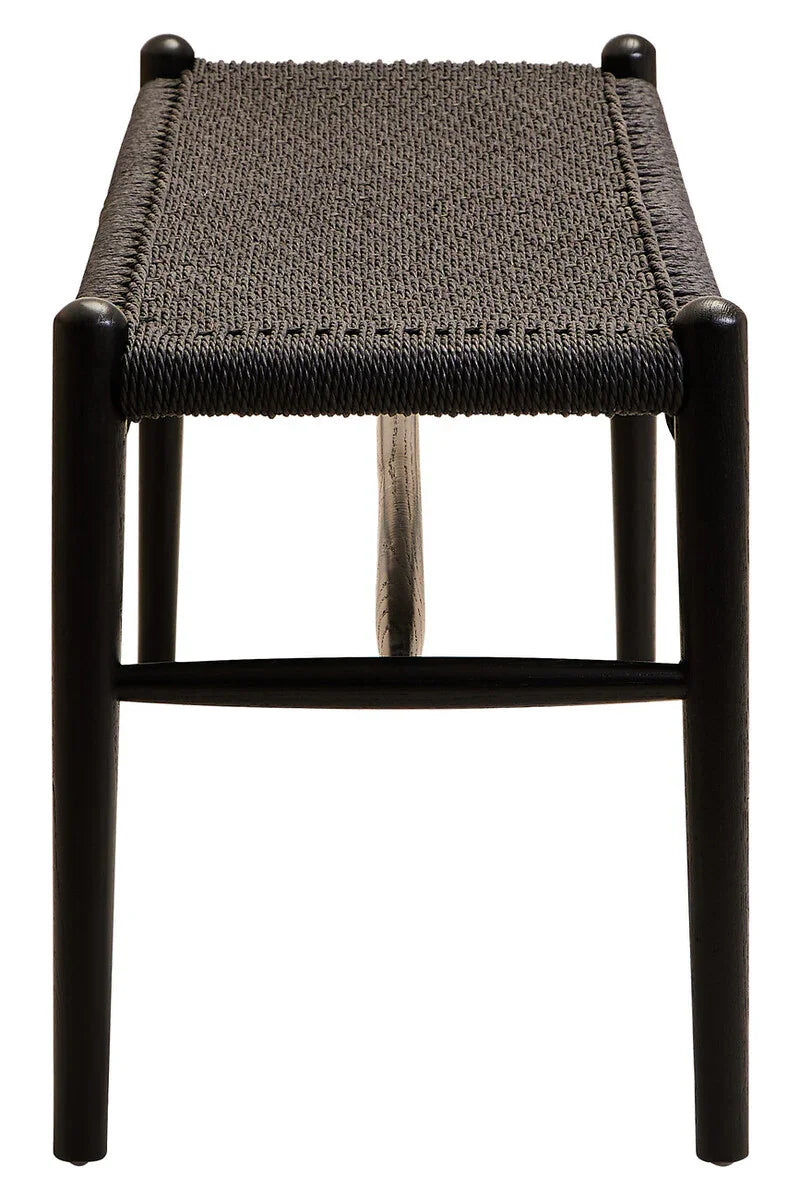 Black woven bench with wooden frame, front view highlighting seat texture and structure