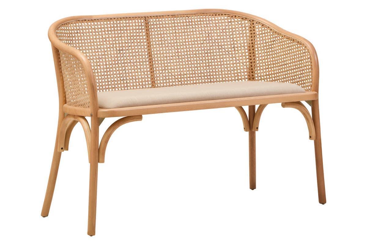 Natural wood bench with rattan backrest and curved frame, upholstered seat cushion