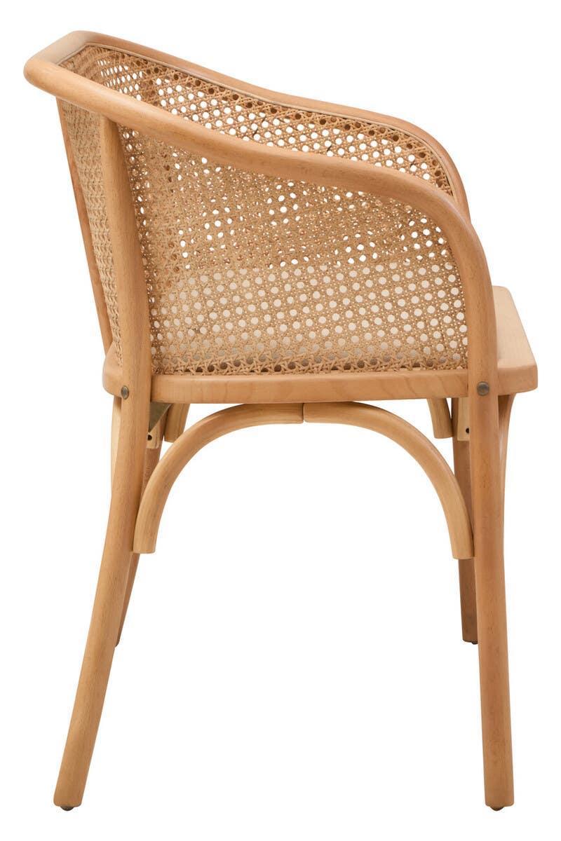 Natural wood dining chair with woven cane backrest and curved frame, rear view