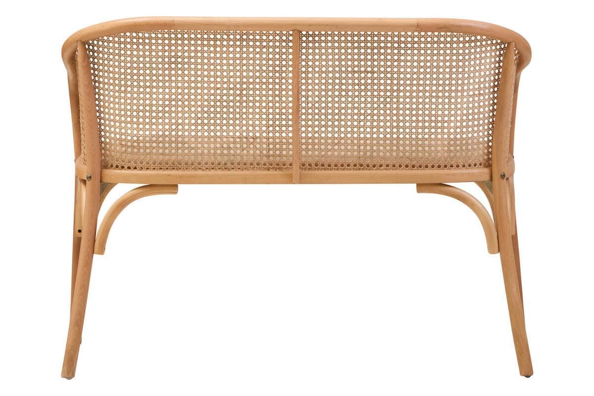 Natural wood cane back loveseat with curved frame and woven rattan panel, rear view