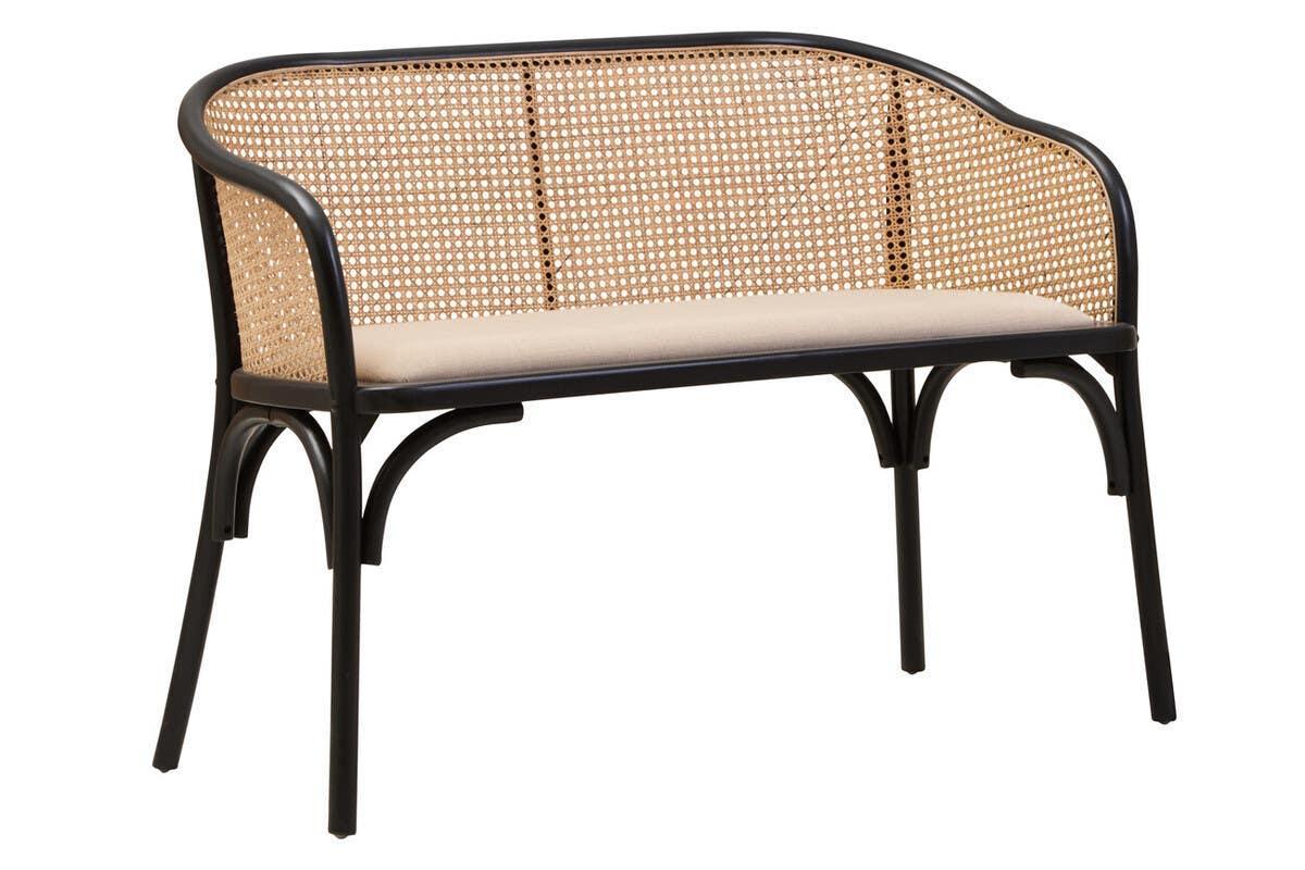 Rattan bench with black frame and beige seat cushion, curved backrest, front view
