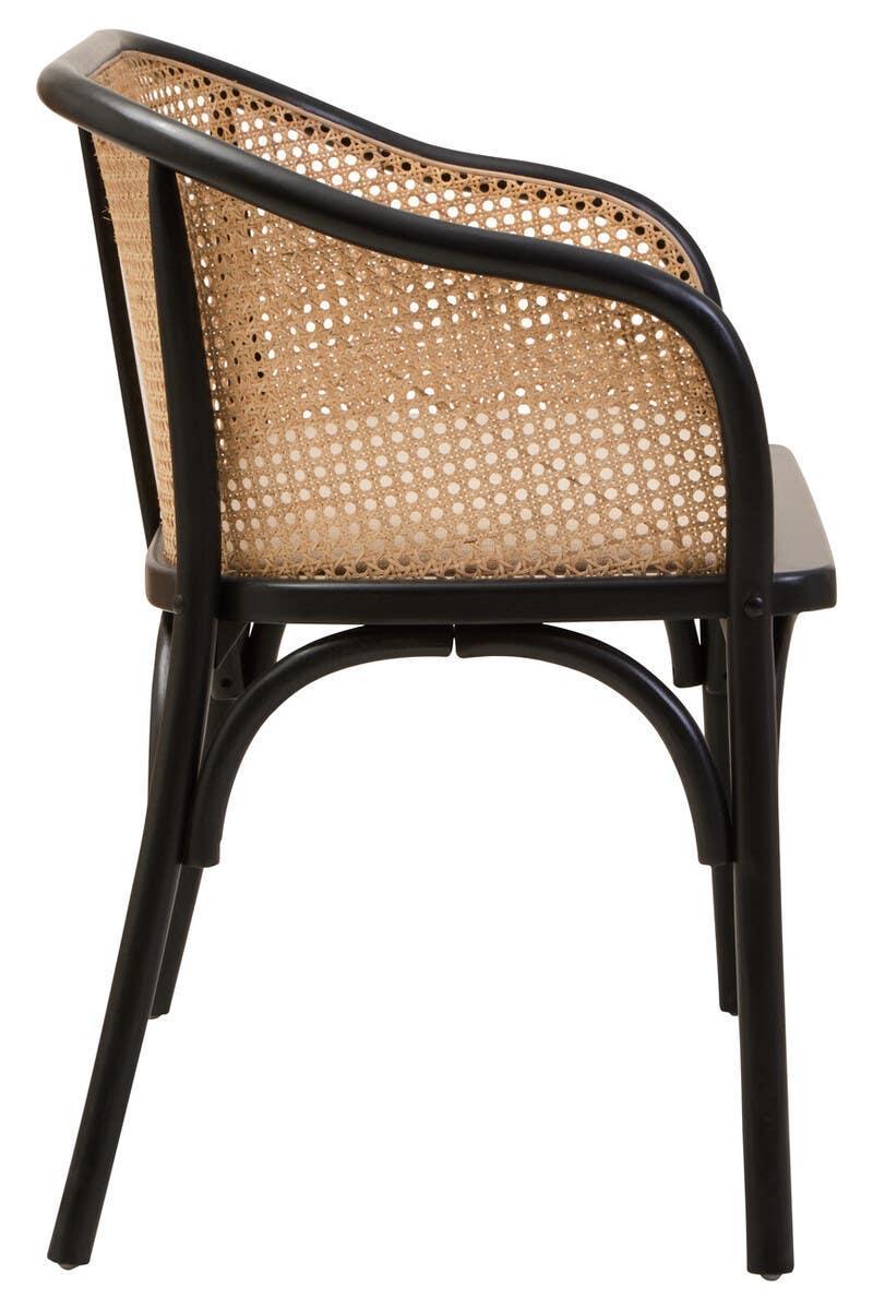 Black frame rattan dining chair with curved backrest and woven cane panel