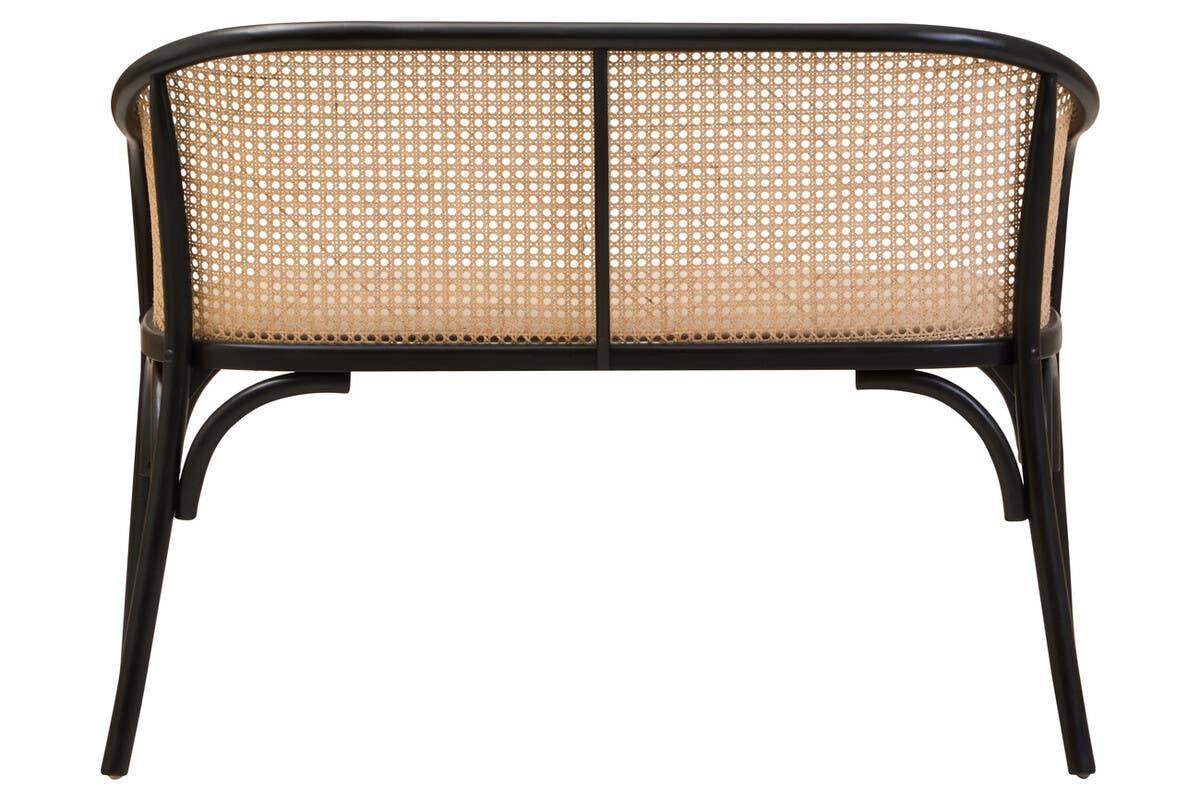 Rear view of rattan bench with black wooden frame and woven cane backrest