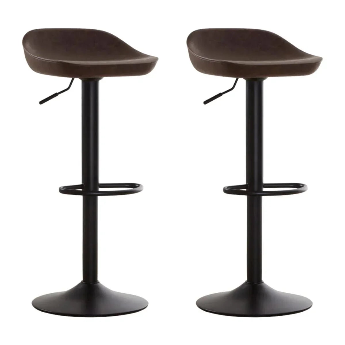 Pair of brown adjustable bar stools with black pedestal bases and footrests