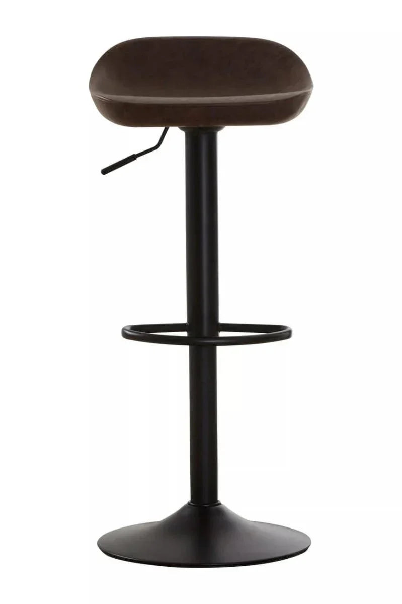 Brown bar stool with round seat, black metal base, footrest, and height adjustment lever