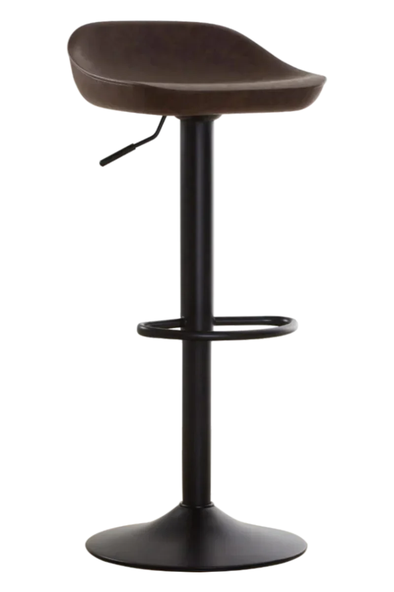 Brown bar stool with curved seat, black pedestal base and footrest, side angle view