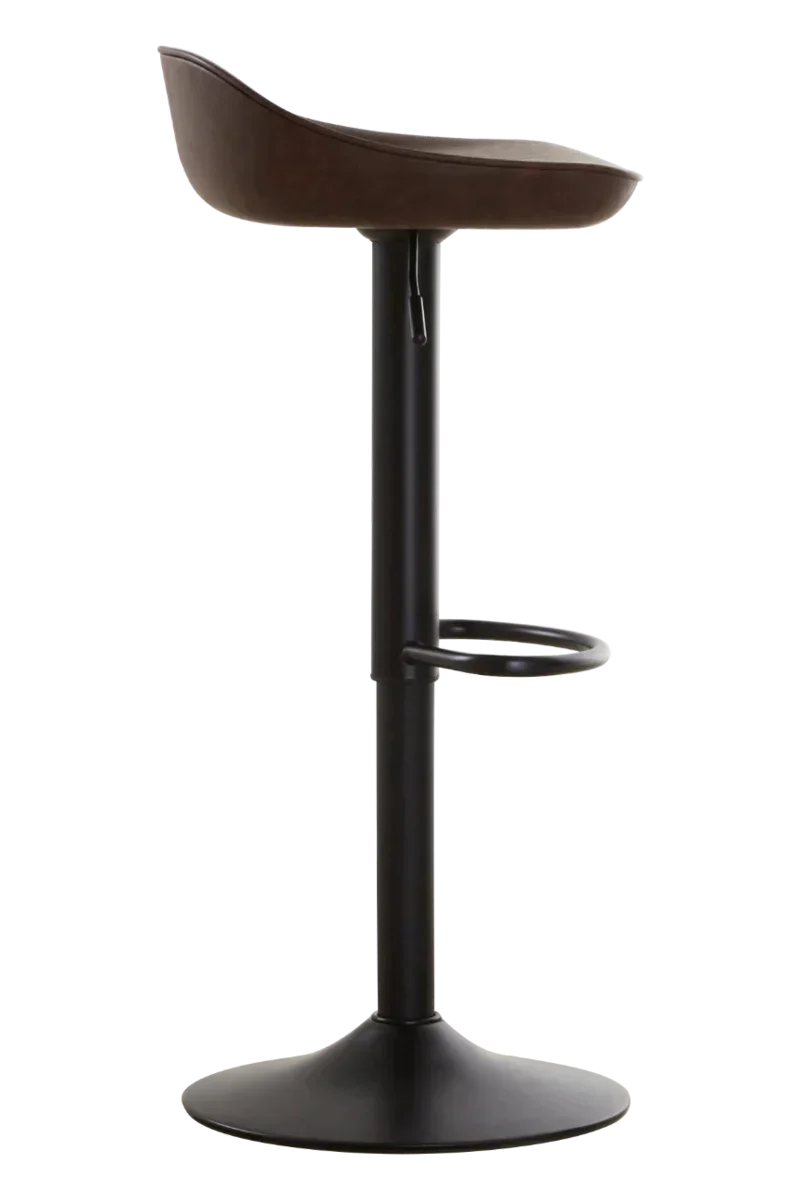 Brown bar stool with curved seat, black pedestal base, and footrest, side view