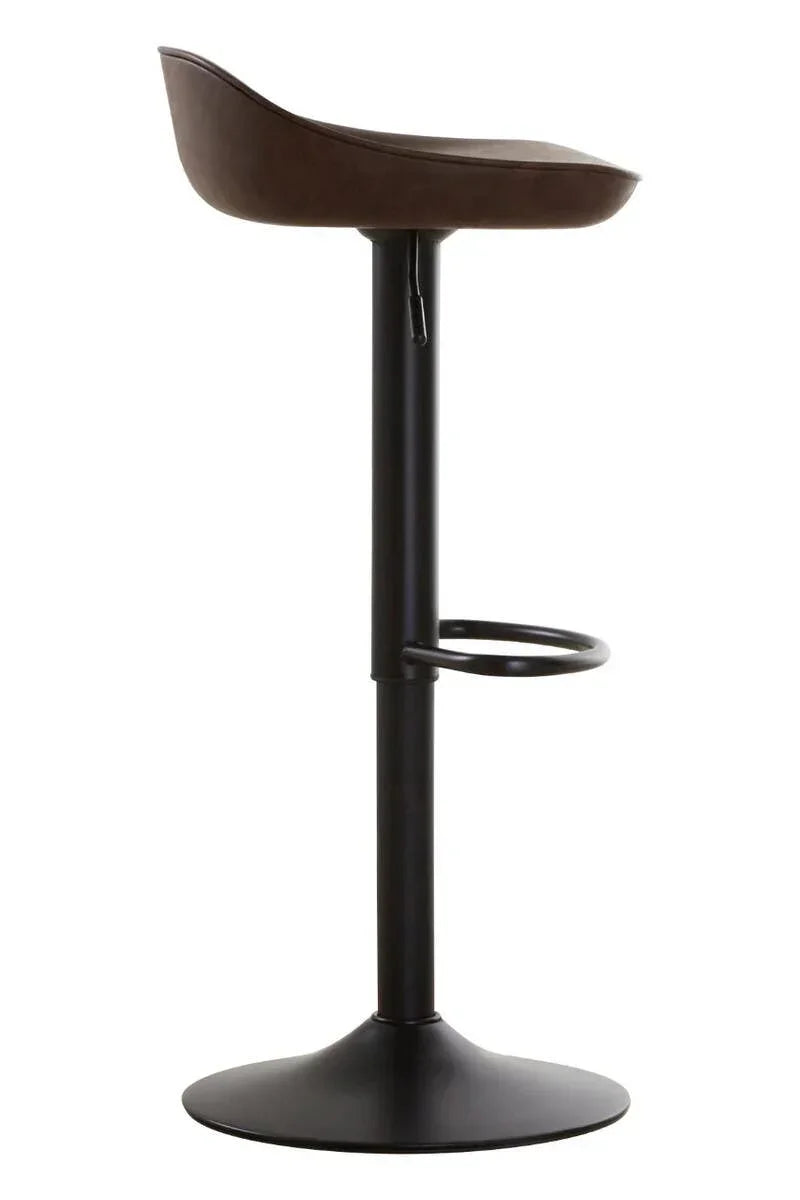 Brown bar stool with curved seat, black metal base, and footrest side view