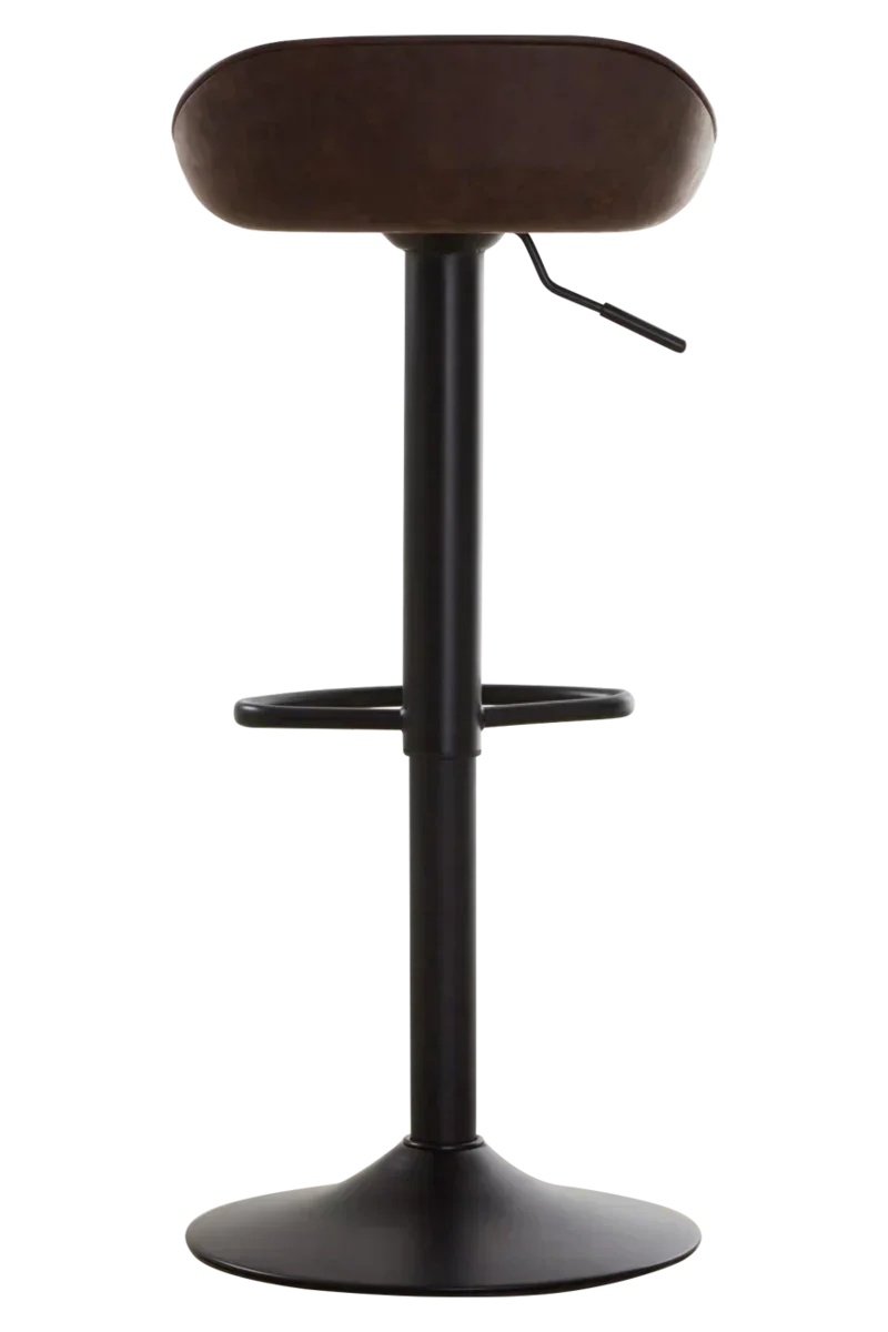 Brown faux leather bar stool with black metal base and footrest, side view