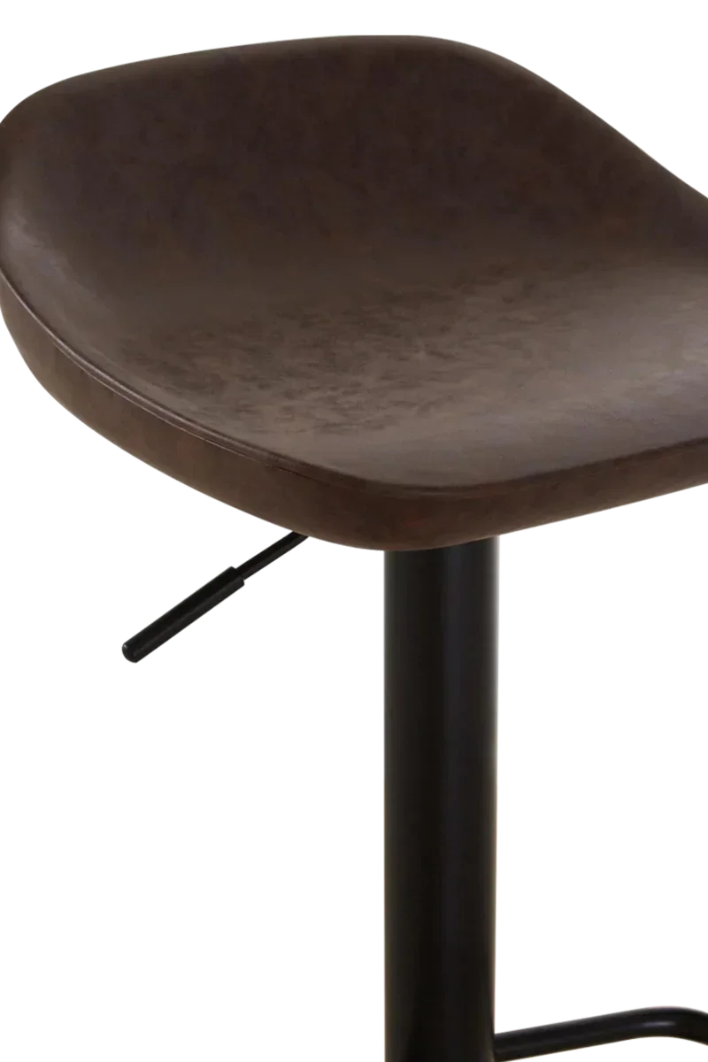 Brown faux leather bar stool seat with black adjustable metal base, close-up view