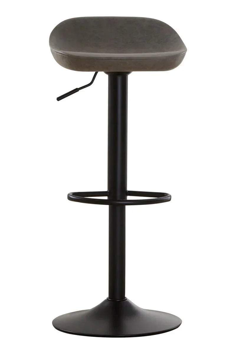 Grey bar stool with curved seat, black pedestal base and integrated footrest
