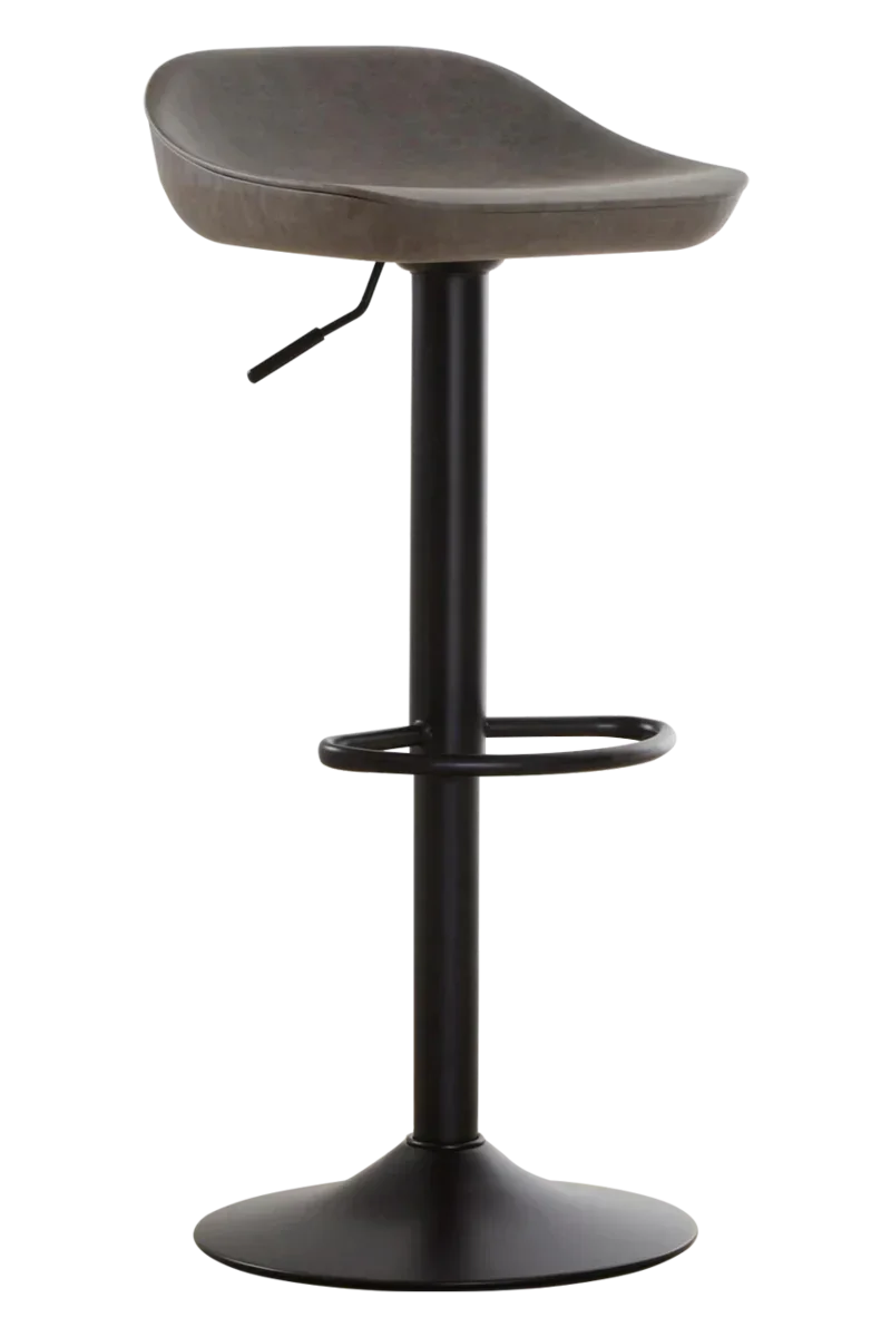 Grey bar stool with padded seat, black metal base and footrest, side view