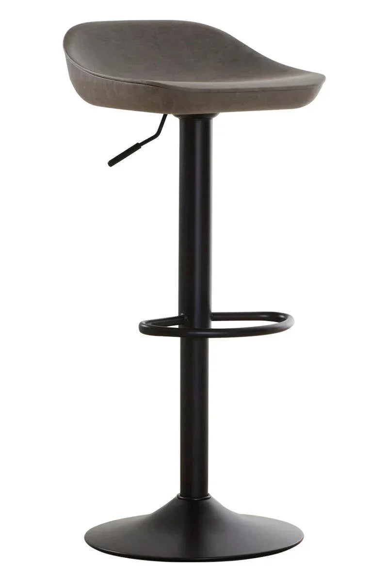 Grey bar stool with curved seat and black metal base, side lever, and footrest