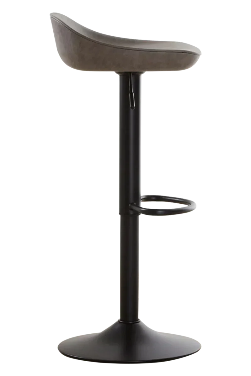 Grey bar stool with curved seat, black pedestal base and round footrest side view
