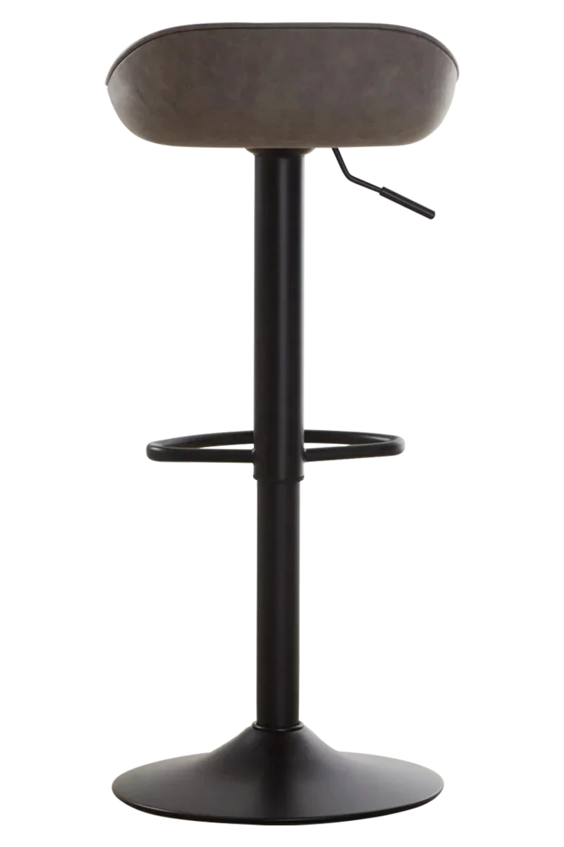 Grey bar stool with black metal base and round footrest, rear view
