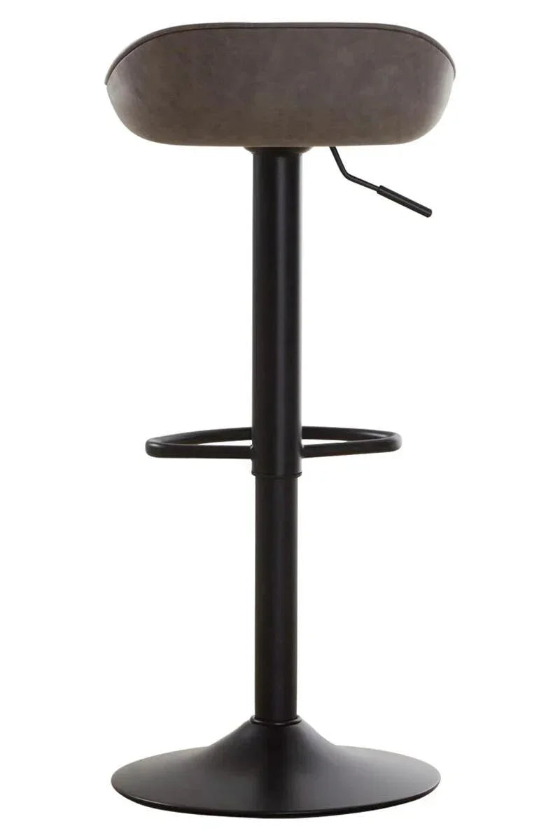Brown faux leather bar stool with black pedestal base and footrest, rear view
