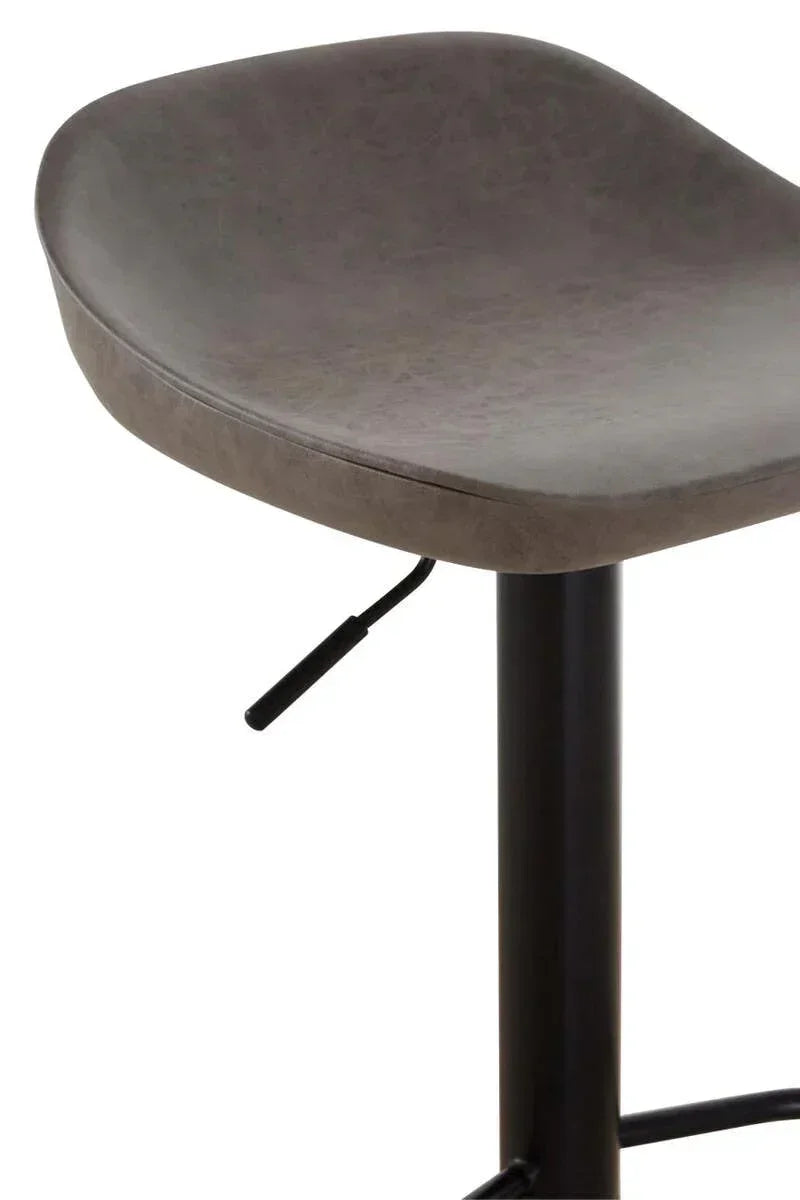Grey faux leather bar stool seat with black metal frame and height adjustment lever