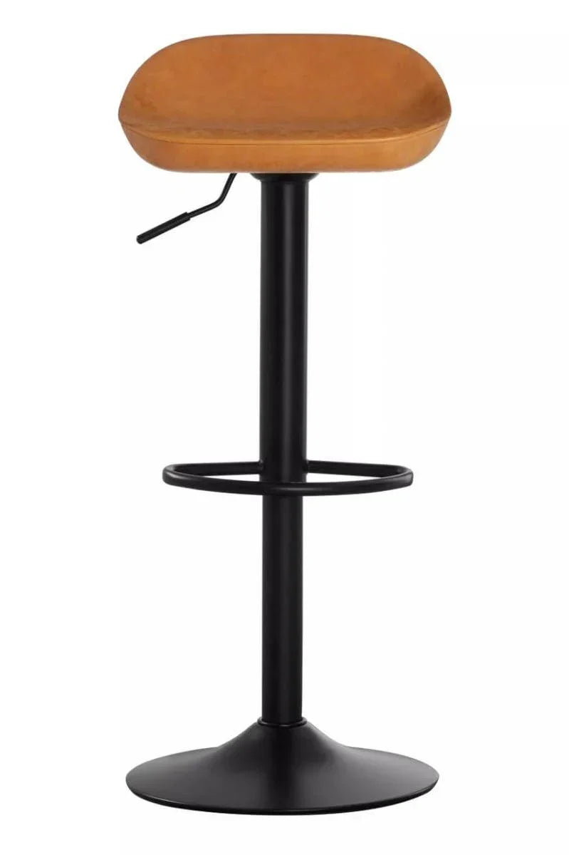 Brown adjustable bar stool with cushioned seat and black metal base