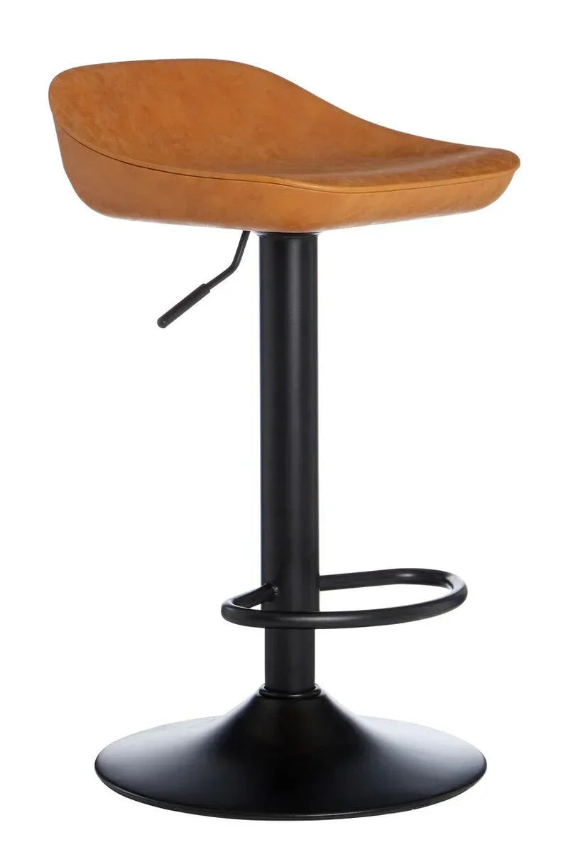 Tan bar stool with curved seat, black metal base and footrest, side lever visible