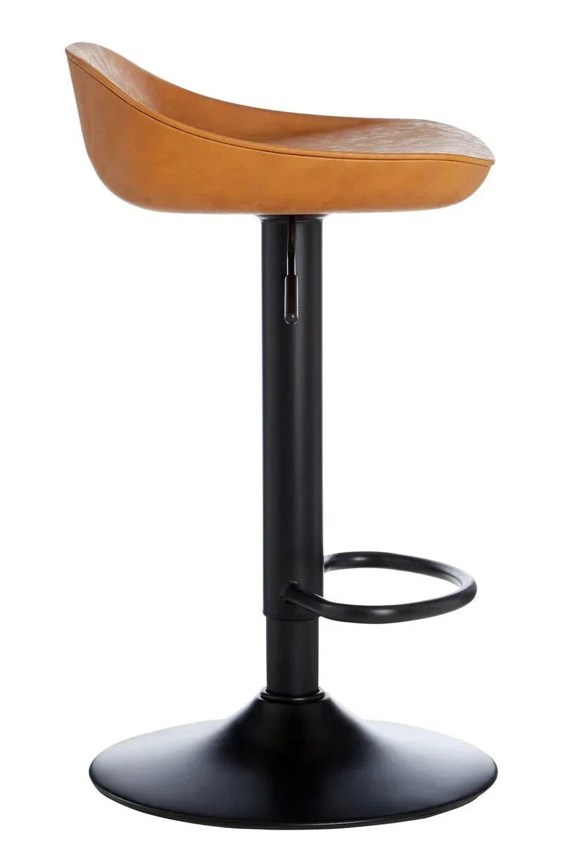 Tan swivel bar stool with curved faux leather seat and black pedestal base