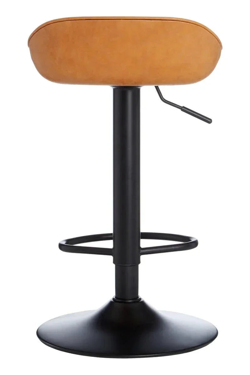 Tan bar stool with black metal base and footrest, rear view showing seat and lever
