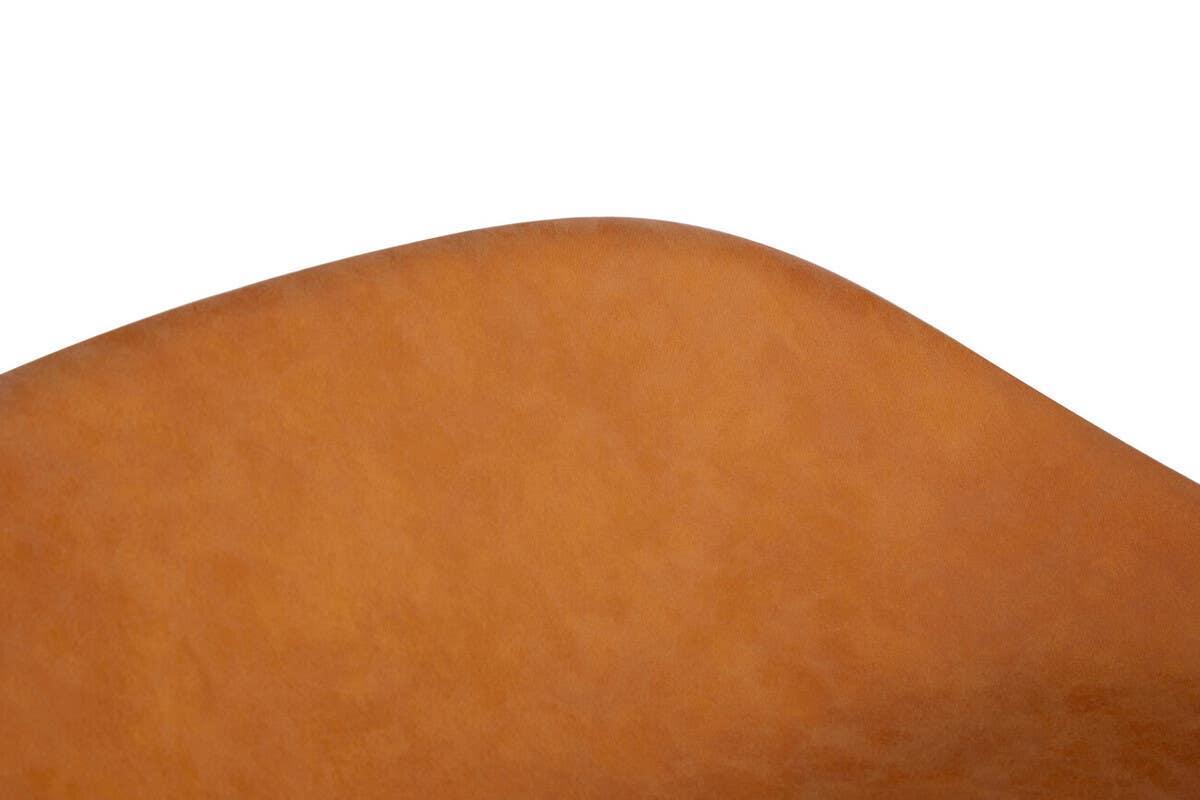 Close-up of tan leather chair backrest with curved edge