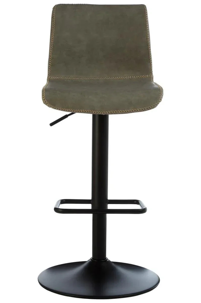 Grey faux leather bar stool with black metal base and footrest, front view