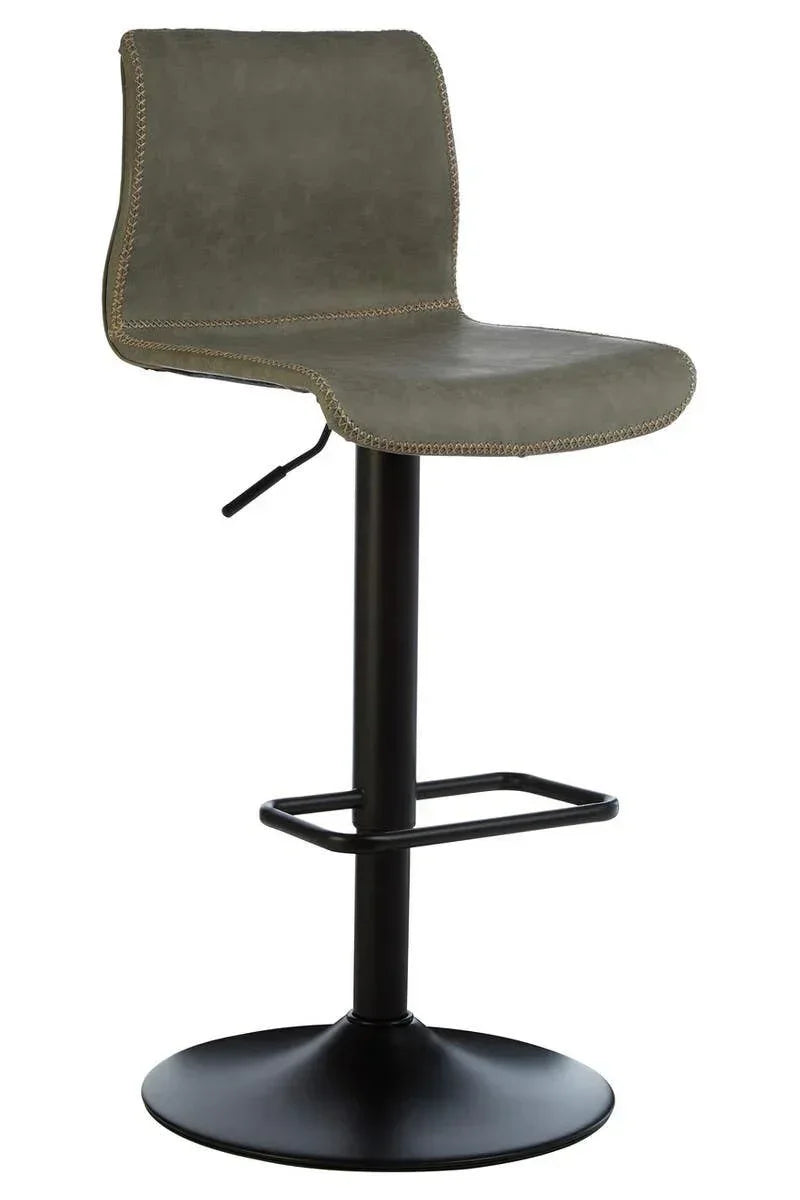 Grey faux leather bar stool with black metal base and stitched edge detail