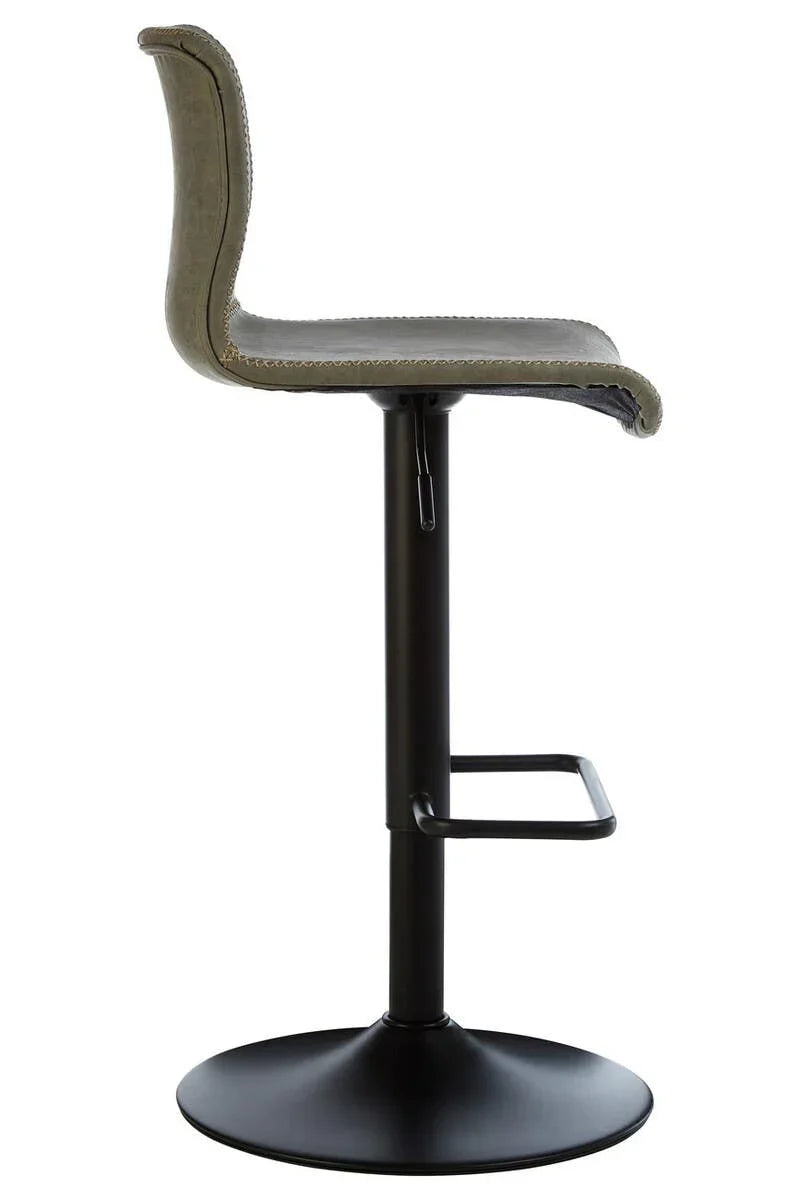 Grey bar stool with metal base and footrest, side profile view
