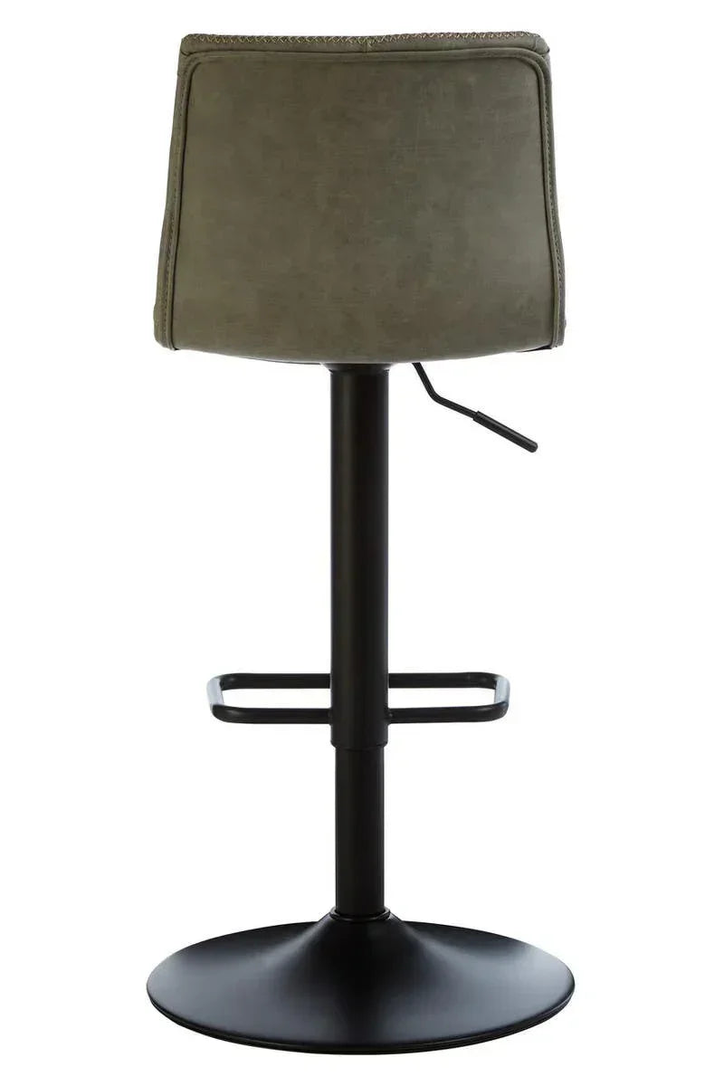Back view of grey bar stool with metal base and footrest