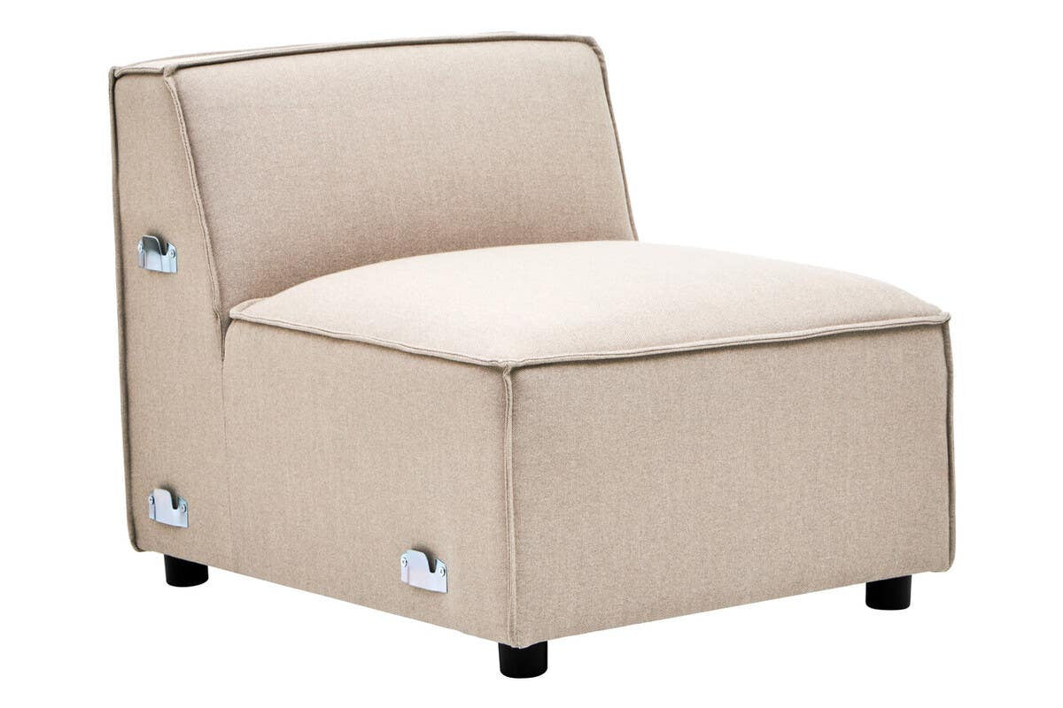 Armless modular sofa in a natural fabric finish, featuring a low backrest and a square seat. The sofa has rounded corners and is supported by four black legs. The overall design is minimalist and contemporary, suitable for various interior styles