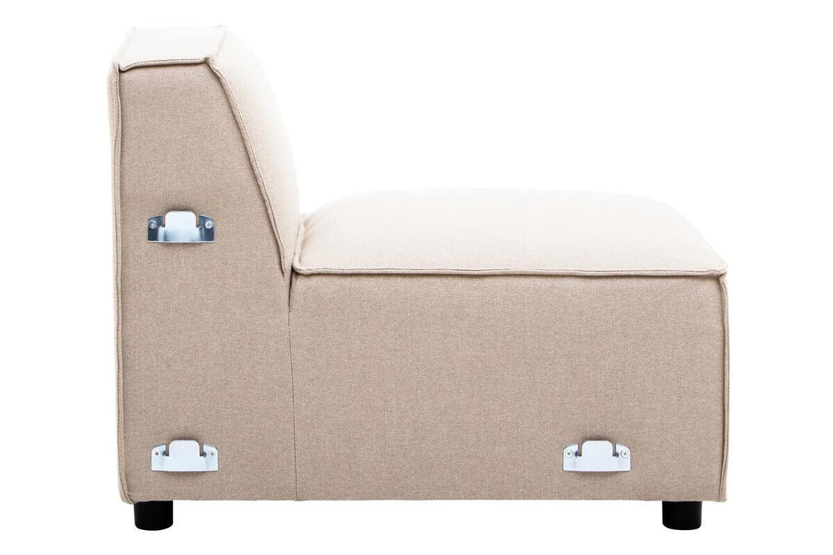 Armless modular sofa with a natural fabric upholstery, featuring a sleek design and a low backrest. The sofa has a beige color and is supported by small, round black legs. The side view highlights the clean lines and modern aesthetic of the piece