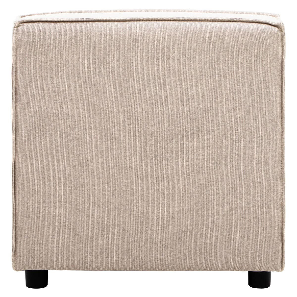 Armless modular sofa in a natural fabric, featuring a clean, minimalist design with a square shape and soft beige upholstery. The sofa is supported by short, dark legs, highlighting its contemporary style