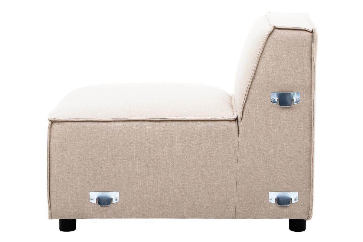 Armless modular sofa with a natural fabric upholstery in a light beige color, featuring a sleek design and a low backrest. The sofa has a sturdy base with visible wheels for easy mobility. The side showcases a smooth finish with metallic accents