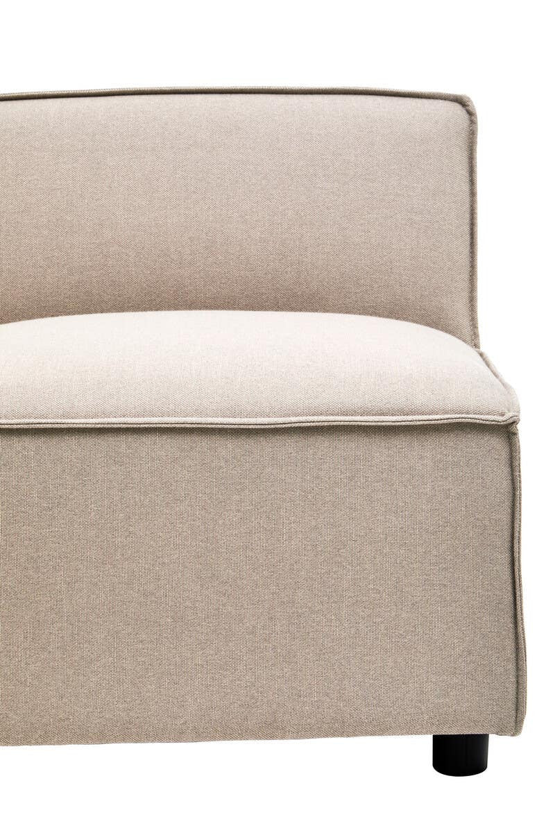 Armless modular sofa in natural fabric with a simple, modern design, featuring a cushioned seat and backrest, and resting on rounded black legs