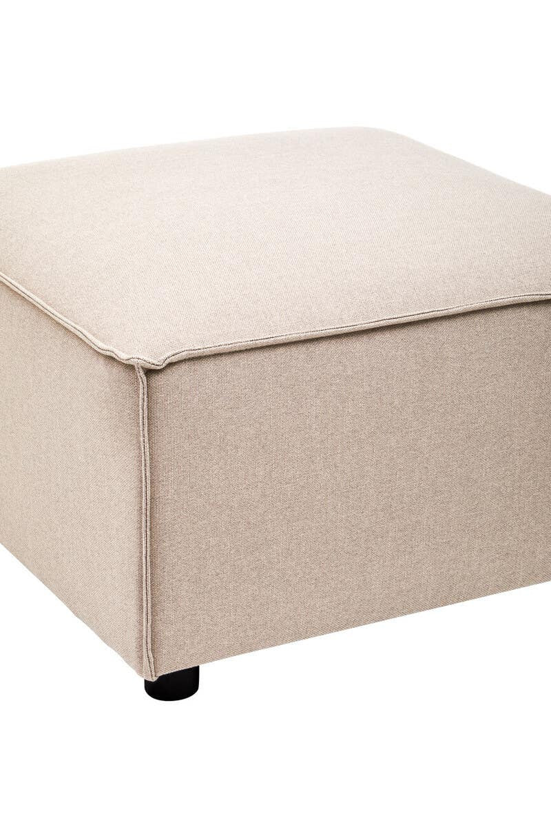 Square modular ottoman upholstered in natural fabric, featuring a soft, smooth surface and rounded corners. The ottoman rests on small black wheels for easy mobility