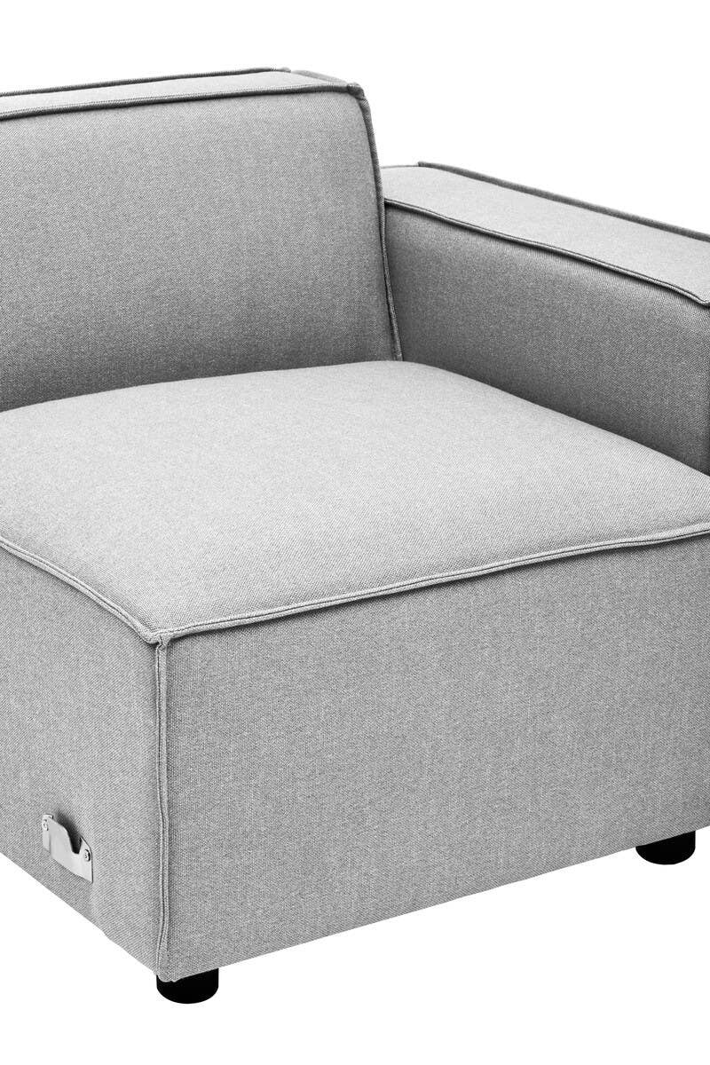 Grey fabric modular sofa section with a right arm, featuring a clean, modern design and a square seat. The sofa has a low backrest and is supported by small black legs. The upholstery appears soft and inviting, suitable for contemporary home decor