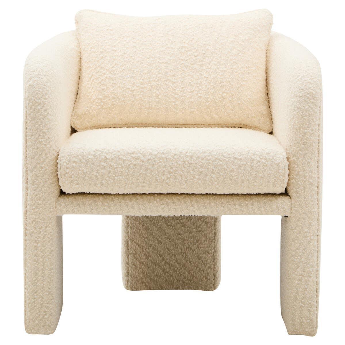 Cream boucle accent armchair with cushion and rounded arms, front view