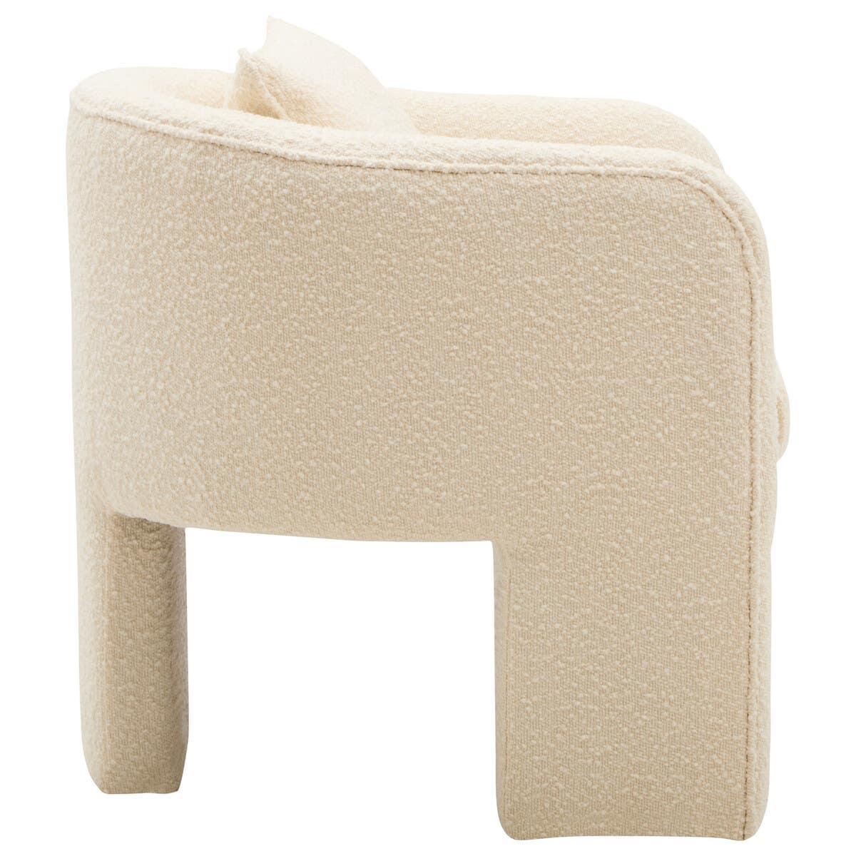 Modern cream boucle accent chair side view with curved backrest and plush cushion
