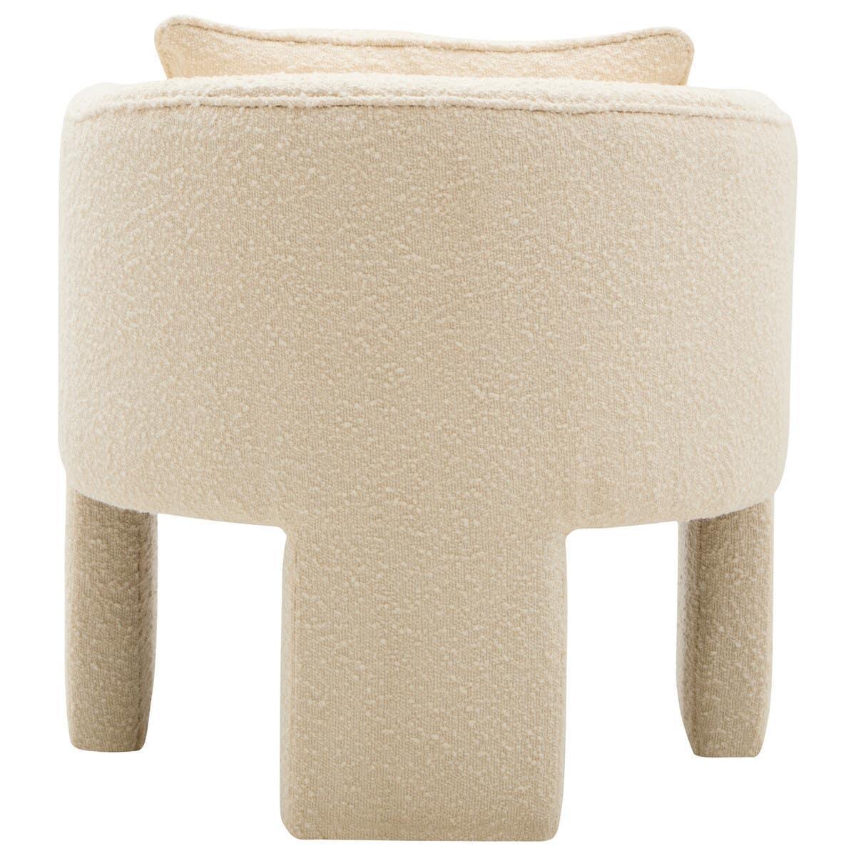 Cream boucle accent chair rear view with curved backrest and modern block legs