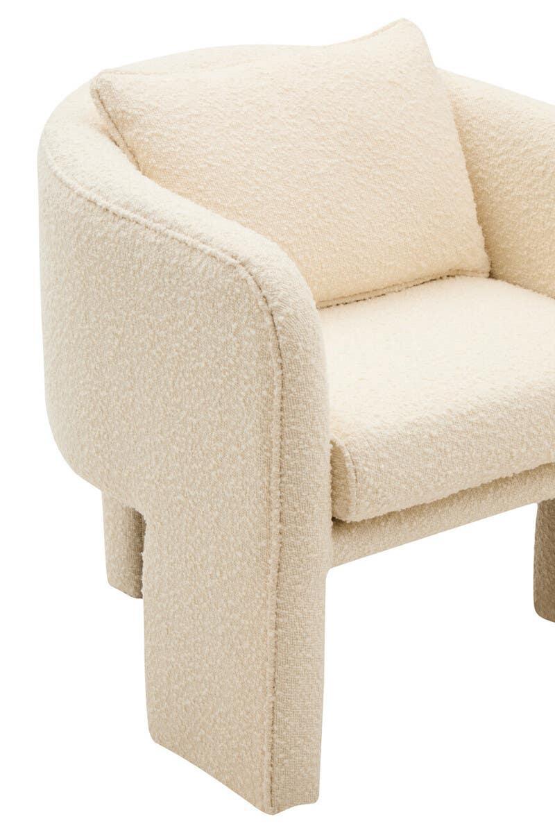 Cream boucle accent chair with curved arms and matching cushion, front angle view