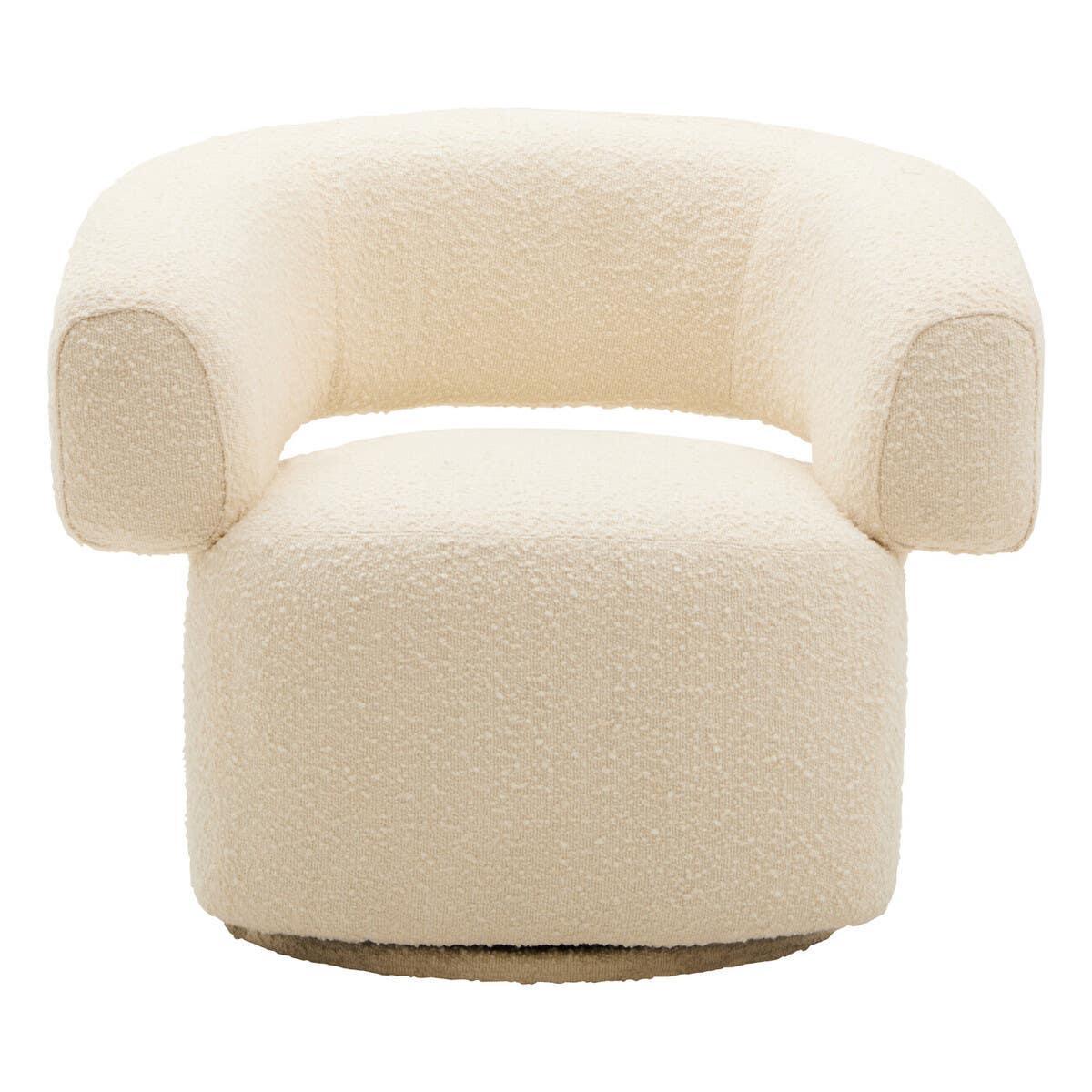 Cream boucle accent chair with curved backrest and round seat, front view