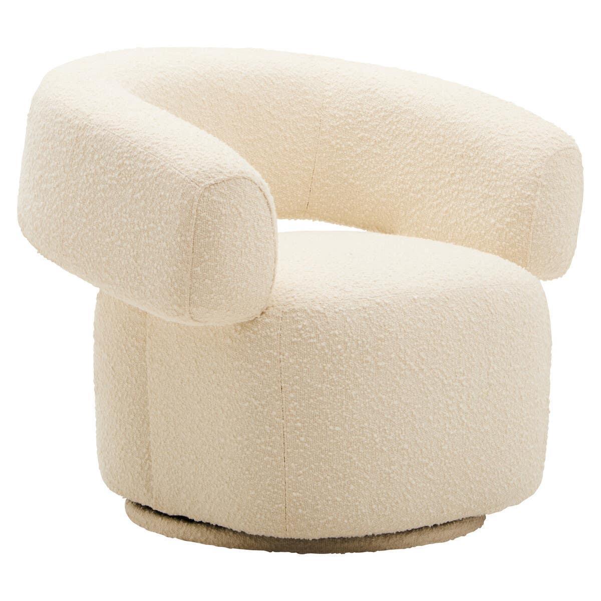 Cream boucle accent chair with curved backrest and swivel base, modern seating design