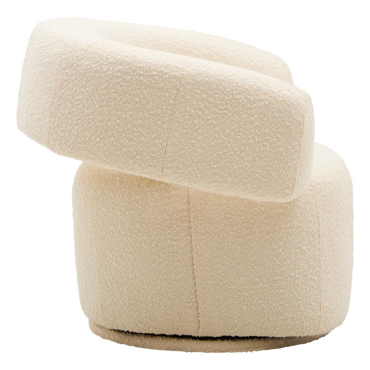 Cream boucle accent chair with curved backrest and modern round base