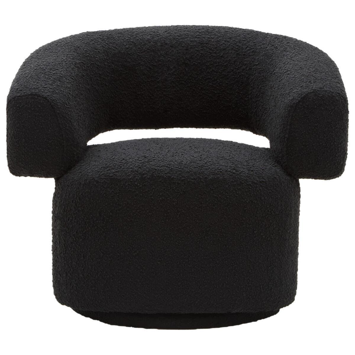 Black boucle accent chair with curved backrest and cylindrical base, front view