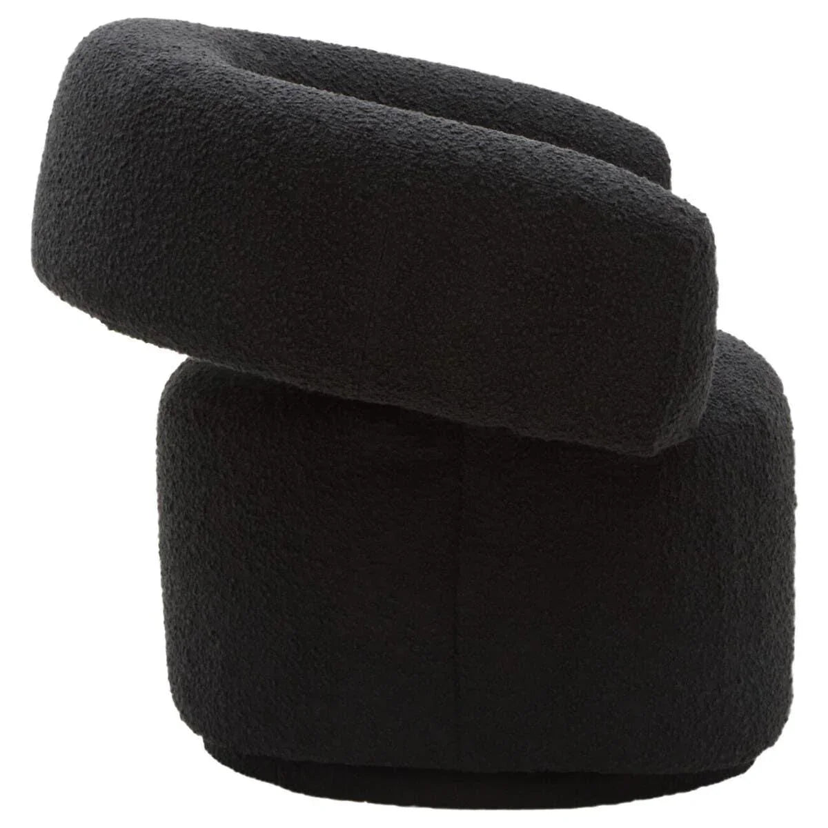 Black boucle swivel accent chair with unique sculptural backrest, side profile view