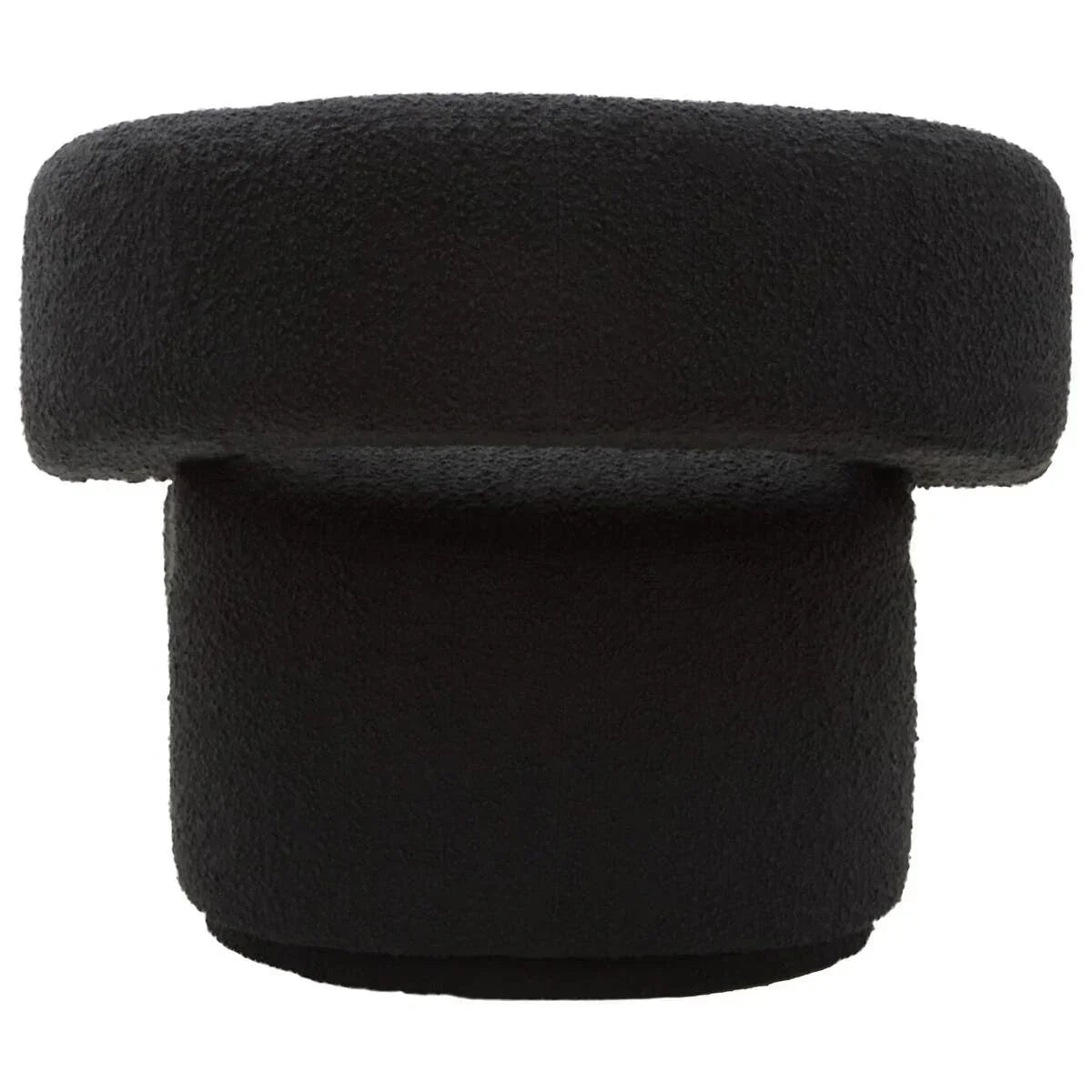 Black boucle swivel armchair with rounded backrest and cylindrical base, front view