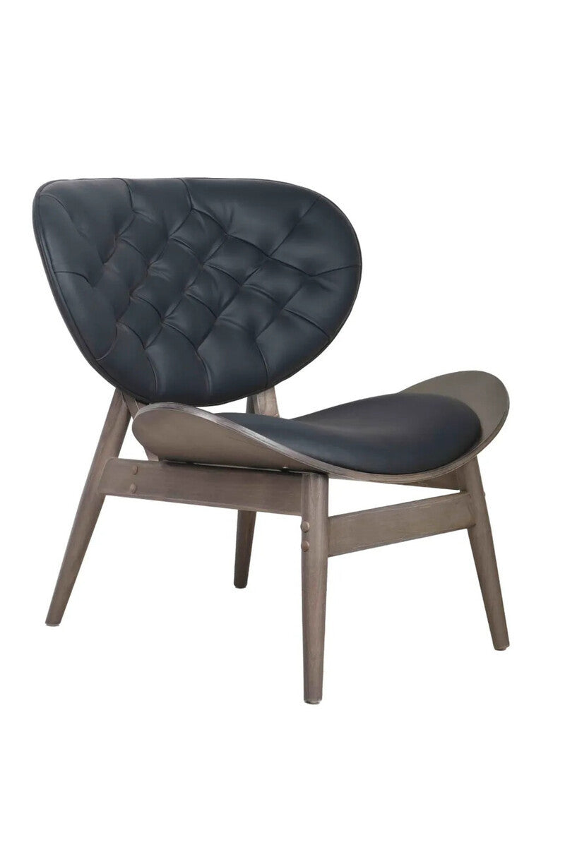 Stylish black leather effect chair featuring a tufted backrest and a sleek, curved seat design, supported by a sturdy elm wood frame with a natural finish.
