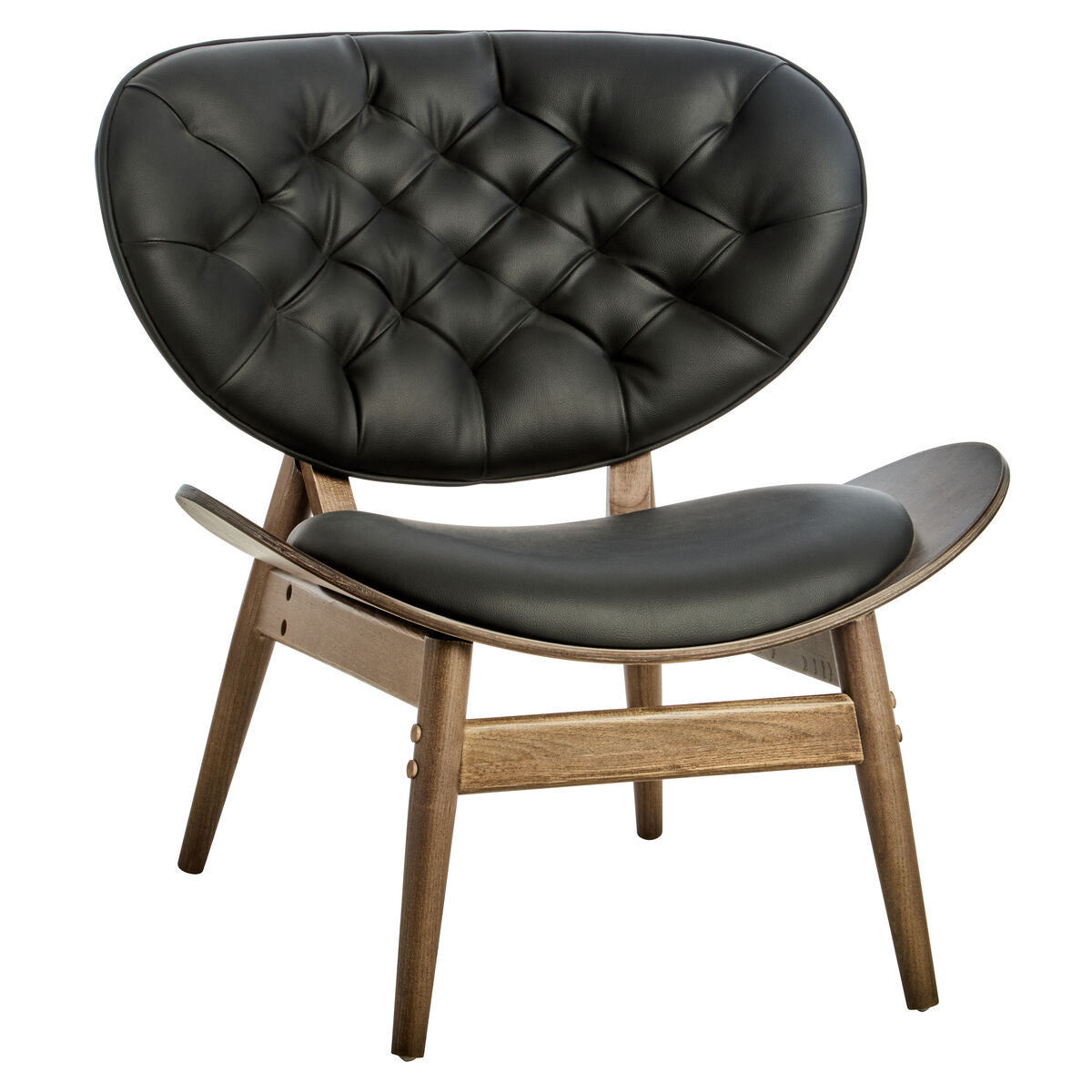 Stylish black leather effect chair featuring a tufted backrest and a sleek, curved seat design.